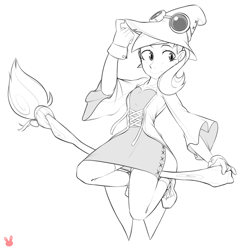 Size: 1924x1989 | Tagged: safe, artist:sugarelement, oc, oc only, oc:rym, human, broom, clothes, costume, dress, goggles, hat, humanized, humanized oc, monochrome, sketch, solo, witch, witch hat