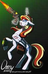 Size: 800x1221 | Tagged: safe, artist:omny87, oc, oc only, oc:thunder mane, alicorn, pony, alicorn oc, bag, blue eyes, commission, fallout equestria oc, female, horn, laser pistol, magic, magic aura, mare, pipbuck, rearing, saddle bag, scar, shooting, simple background, solo, wings