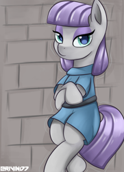 Size: 1641x2262 | Tagged: safe, artist:rivin177, maud pie, earth pony, pony, g4, bipedal, bipedal leaning, brick wall, clothes, crossed hooves, dress, female, leaning, looking at you, mare, rock, solo, standing, wall