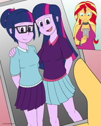 Size: 1280x1600 | Tagged: safe, artist:cadenreigns, sci-twi, sunset shimmer, twilight sparkle, equestria girls, g4, my little pony equestria girls: better together, clothes, female, hair bun, lesbian, phone, phone screen, polyamory, ship:sci-twishimmer, ship:sunset twiangle, ship:sunsetsparkle, shipping, skirt, texting, twolight