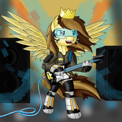 Size: 1280x1280 | Tagged: safe, artist:zocidem, oc, oc only, oc:prince whateverer, cyborg, pegasus, pony, augmented, clothes, crown, guitar, jacket, jewelry, musical instrument, musician, regalia, solo, spread wings, visor, wings
