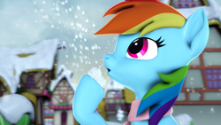 Size: 3840x2160 | Tagged: safe, artist:psfmer, rainbow dash, pegasus, pony, g4, 3d, blowing, clothes, female, high res, ponyville, revamped ponies, scarf, snow, snowflake, solo, source filmmaker, winter
