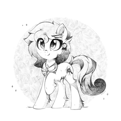 Size: 1575x1575 | Tagged: safe, artist:aureai, oc, oc only, oc:osha, earth pony, pony, black and white, cheek fluff, chest fluff, clothes, commission, cute, daaaaaaaaaaaw, ear fluff, ear piercing, earring, female, fluffy, grayscale, happy, jewelry, leg fluff, looking up, mare, monochrome, ocbetes, piercing, raised eyebrow, signature, simple background, smiling, solo, standing