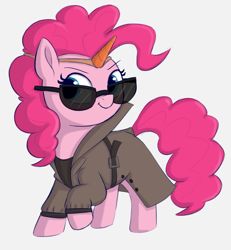 Size: 1425x1542 | Tagged: safe, artist:heretichesh, pinkie pie, earth pony, pony, g4, clothes, disguise, drawthread, fake unicorn, female, happy, mare, not pinkie pie, smiling, solo, sunglasses, trenchcoat