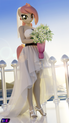 Size: 2160x3840 | Tagged: safe, artist:shadowboltsfm, oc, oc only, oc:atari, anthro, plantigrade anthro, 3d, 4k, big breasts, blender, bouquet, breasts, clothes, cute, daaaaaaaaaaaw, dress, eyelashes, feet, flower, high heels, high res, lens flare, looking at you, nail polish, not sfm, open-toed shoes, shoes, smiling, solo, standing, toenail polish, toes, veil, wedding dress