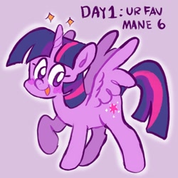 Size: 2048x2048 | Tagged: safe, artist:alexbeeza, twilight sparkle, alicorn, pony, g4, cute, februpony, female, high res, mare, no pupils, open mouth, purple background, simple background, solo, spread wings, twiabetes, twilight sparkle (alicorn), wings