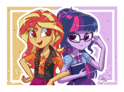 Size: 2000x1480 | Tagged: safe, artist:evedizzy26, sci-twi, sunset shimmer, twilight sparkle, equestria girls, equestria girls series, g4, arm in arm, book, cute, duo, duo female, female, geode of empathy, geode of telekinesis, linked arms, magical geodes, open mouth, sci-twiabetes, shimmerbetes, smiling, twiabetes