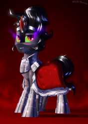 Size: 2200x3100 | Tagged: safe, artist:shido-tara, king sombra, crystal pony, g4, armor, cloak, clothes, commission, commissioner:reversalmushroom, glowing eyes, high res, looking at you, simple background, sombra eyes
