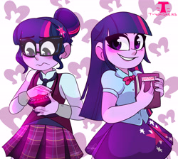 Size: 5589x5000 | Tagged: safe, artist:t-whiskers, sci-twi, twilight sparkle, equestria girls, g4, my little pony equestria girls: friendship games, absurd resolution, blushing, book, clothes, crystal prep academy uniform, duality, duo, glowing, magic capture device, school uniform, self paradox, smiling, twolight