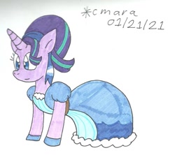Size: 1081x959 | Tagged: safe, artist:cmara, starlight glimmer, pony, unicorn, g4, alternate hairstyle, belt, clothes, cute, dress, female, gala dress, glimmerbetes, gloves, mare, puffy sleeves, simple background, solo, traditional art, white background