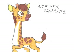 Size: 1275x904 | Tagged: safe, artist:cmara, clementine, giraffe, g4, female, open mouth, raised hoof, simple background, solo, traditional art, white background