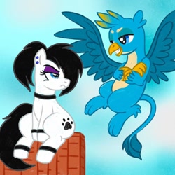 Size: 1080x1080 | Tagged: safe, artist:mediocremare, gallus, oc, earth pony, griffon, pony, g4, choker, crossed arms, duo, ear piercing, earth pony oc, eyelashes, female, grin, lidded eyes, makeup, male, mare, paw prints, piercing, sitting, smiling, unamused, wings