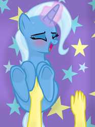 Size: 1456x1947 | Tagged: safe, artist:grapefruitface1, trixie, oc, oc:grapefruit face, human, pony, g4, base used, blushing, canon x oc, cute, diatrixes, eyes closed, female, foreplay, grapexie, interspecies, laughing, lying down, mare, offscreen character, pony on human action, pov, shipping, show accurate, solo focus, straight, tickling