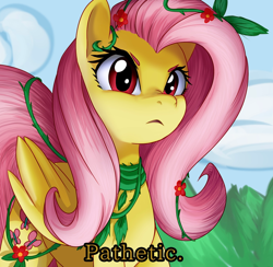 Size: 1280x1248 | Tagged: safe, artist:astevenamedwolf, idw, fluttershy, pegasus, pony, g4, ponies of dark water, alternate eye color, dialogue, female, folded wings, looking at you, looking down, looking down at you, mare, outdoors, pathetic, poison ivyshy, red eyes, solo, subtitles, three quarter view, vine, wings