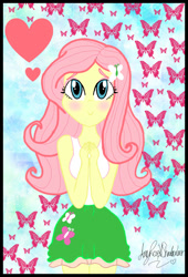 Size: 960x1414 | Tagged: safe, artist:amyrosexshadowlover, fluttershy, butterfly, equestria girls, g4, blushing, clothes, eyelashes, female, hairclip, heart, skirt, solo