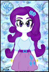 Size: 480x706 | Tagged: safe, artist:amyrosexshadowlover, rarity, equestria girls, g4, abstract background, bracelet, clothes, cutie mark, cutie mark on clothes, eyelashes, female, jewelry, skirt, smiling, solo