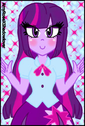 Size: 480x706 | Tagged: safe, artist:amyrosexshadowlover, twilight sparkle, equestria girls, g4, abstract background, blushing, clothes, cutie mark, cutie mark on clothes, eye clipping through hair, eyelashes, female, skirt, smiling, solo