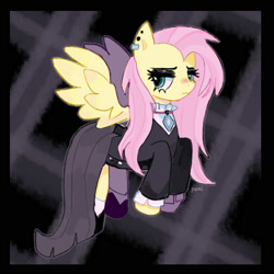 Size: 2000x2000 | Tagged: safe, artist:pxunii, fluttershy, pegasus, pony, fake it 'til you make it, g4, clothes, dress, ear piercing, eyeshadow, female, fluttergoth, goth, high res, makeup, mare, piercing, solo, spread wings, wings