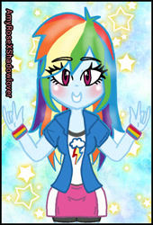 Size: 480x706 | Tagged: safe, artist:amyrosexshadowlover, rainbow dash, equestria girls, g4, abstract background, blushing, bracelet, clothes, cutie mark, cutie mark on clothes, devil horn (gesture), eye clipping through hair, eyelashes, female, grin, jewelry, shorts, smiling, solo