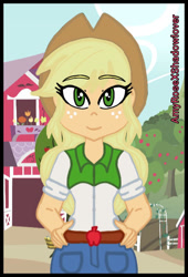 Size: 480x706 | Tagged: safe, artist:amyrosexshadowlover, applejack, equestria girls, g4, apple, apple tree, barn, clothes, eyelashes, female, freckles, hat, outdoors, shorts, smiling, solo, tree