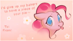 Size: 1942x1092 | Tagged: safe, artist:mirroredsea, pinkie pie, pony, g4, :p, bust, cute, diapinkes, female, floppy ears, flower, looking at you, mare, portrait, solo, tongue out, valentine's day card