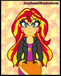 Size: 480x594 | Tagged: safe, artist:amyrosexshadowlover, sunset shimmer, equestria girls, g4, abstract background, blushing, clothes, cutie mark, cutie mark on clothes, eyelashes, female, hand on hip, jacket, smiling, solo