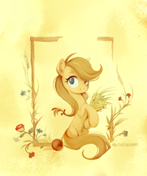 Size: 1300x1558 | Tagged: safe, artist:anotherdeadrat, jonagold, marmalade jalapeno popette, earth pony, pony, g4, apple, apple family member, background pony, cottagecore, female, flower, food, hatless, mare, missing accessory, no pupils, rose, solo, wheat