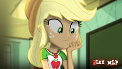 Size: 1280x720 | Tagged: safe, artist:alex mlp, edit, edited screencap, screencap, applejack, human, equestria girls, g4, my little pony equestria girls: better together, the finals countdown, applejack's hat, clothes, cowboy hat, cute, cutie mark, cutie mark on clothes, geode of super strength, hat, jackabetes, magical geodes, redraw, smiling, solo