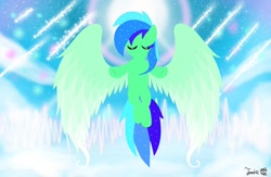 Size: 960x625 | Tagged: source needed, useless source url, safe, artist:jadebreeze115, oc, oc only, oc:jade breeze, pegasus, pony, anime reference, audio spectrum, base used, bipedal, cloud, cloudy sky, colored wings, eyes closed, flying, gradient wings, majestic, male, pegasus oc, shooting star, silhouette, sky, solo, spread wings, stallion, sun, wings