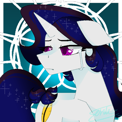 Size: 500x500 | Tagged: safe, artist:unluckykatt, oc, oc only, oc:purple quill, pony, unicorn, crying, floppy ears, horn, looking back, sad, solo, unicorn oc