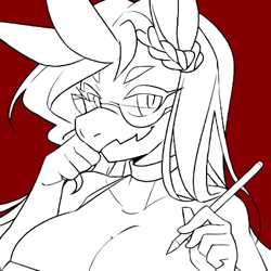 Size: 450x450 | Tagged: safe, artist:ero-bee, oc, oc only, oc:ero-bee, unicorn, anthro, breasts, bust, choker, cleavage, female, glasses, horn, red background, simple background, smiling, solo, stylus, unicorn oc