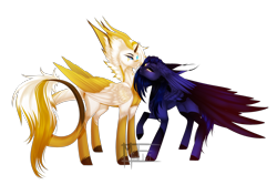 Size: 3000x2000 | Tagged: safe, artist:minelvi, oc, oc only, pegasus, pony, colored hooves, duo, eye scar, eyelashes, high res, horns, leonine tail, pegasus oc, raised hoof, scar, signature, simple background, transparent background, wings