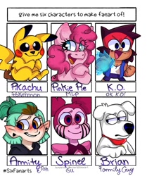 Size: 858x1024 | Tagged: safe, alternate version, artist:_julianaf06_, pinkie pie, dog, earth pony, gem (race), human, humanoid, pikachu, pony, anthro, g4, spoiler:steven universe: the movie, amity blight, anthro with ponies, brian griffin, bust, clothes, collar, colored, crossover, dyed hair, eye clipping through hair, eyelashes, family guy, female, gem, glowing hands, male, mare, ok ko let's be heroes, open mouth, pokémon, six fanarts, smiling, spinel, spinel (steven universe), spoilers for another series, steven universe, steven universe: the movie, the owl house, unamused, when she smiles, witch