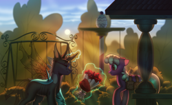 Size: 4004x2452 | Tagged: safe, artist:klooda, cheerilee, oc, oc:tarsi, changeling, earth pony, pony, bag, bouquet, box of chocolates, bush, changeling oc, commission, detailed, detailed background, evening, eyes closed, female, flower, glasses, happy, holiday, horn, magic, male, mare, open mouth, ponyville schoolhouse, raised hoof, rose, saddle bag, shy, sky, smiling, stallion, sunset, swing, tree, valentine's day