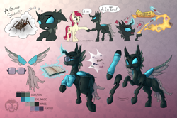 Size: 1521x1010 | Tagged: safe, artist:calena, roseluck, oc, oc:tarsi, changeling, spider, g4, book, butter, butter knife, changeling oc, clothes, food, glasses, magic, reference sheet, spread wings, transparent wings, wings