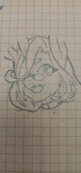 Size: 480x1024 | Tagged: safe, artist:mi_kxse, oc, oc only, oc:ero-bee, unicorn, anthro, bust, collar, female, glasses, graph paper, hair over one eye, horn, open mouth, solo, traditional art, unicorn oc