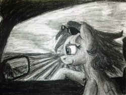 Size: 2877x2169 | Tagged: safe, artist:dhm, rainbow dash, pegasus, pony, g4, 4chan, car, charcoal (medium), driving, ex waifu ex machina, high res, looking out the window, mirror, rear view mirror, sitting, smiling, solo, sunglasses, traditional art, wind, window, windswept mane