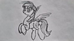 Size: 3264x1836 | Tagged: safe, artist:dhm, rainbow dash, pegasus, pony, g4, 4chan, ex waifu ex machina, flying, looking at you, simple background, sketch, smiling, solo, traditional art, white background