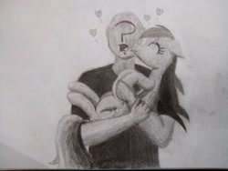 Size: 2560x1920 | Tagged: safe, artist:dhm, rainbow dash, oc, oc:anon, human, pegasus, pony, g4, 4chan, carrying, cheek kiss, ex waifu ex machina, eyes closed, heart, hug, kissing, open mouth, simple background, sketch, traditional art, white background