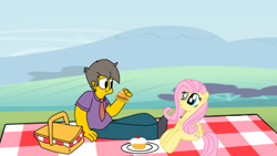 Size: 900x506 | Tagged: safe, artist:haileykitty69, fluttershy, g4, cake, crossover, crossover shipping, fluttermour, food, male, picnic, sandwich, seymour skinner, shipping, the simpsons