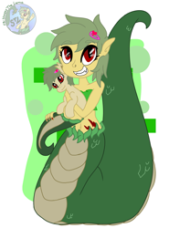 Size: 2203x2984 | Tagged: safe, artist:shappy the lamia, oc, oc:shappy, earth pony, hybrid, lamia, original species, semi-anthro, equestria girls, g4, arms, beautiful, belly, belly button, brooch, cute, elf ears, equestria girls-ified, fangs, grin, happy, high res, hips, hug, huggable, hugging a pony, jewelry, plushie, red eyes, scales, short hair, short mane, slit pupils, smiling, snake eyes, snake tail