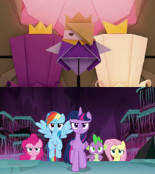 Size: 1920x2160 | Tagged: safe, edit, edited screencap, screencap, fluttershy, pinkie pie, rainbow dash, spike, twilight sparkle, alicorn, dragon, earth pony, pegasus, pony, g4, school raze, season 8, comparison, king olly, nintendo, origami, paper mario, paper mario: the origami king, super mario bros., twilight sparkle (alicorn), winged spike, wings