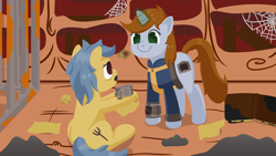 Size: 1920x1080 | Tagged: safe, artist:toshimatsu, derpibooru exclusive, oc, oc only, oc:littlepip, earth pony, pony, unicorn, fallout equestria, ash, book, cage, caps, clothes, fanfic, fanfic art, female, glowing horn, golden oaks library, hooves, horn, jumpsuit, levitation, magic, magic aura, mare, pipbuck, ponyville, raised hooves, rust, smiling, spider web, standing, telekinesis, vault suit