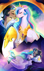 Size: 2352x3800 | Tagged: safe, artist:burgerpaws, idw, king sombra, princess celestia, alicorn, pony, unicorn, g4, reflections, spoiler:comic, female, good king sombra, high res, male, mare, mirror, mirror universe, ship:celestibra, shipping, stallion, story in the source, straight