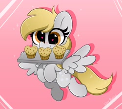 Size: 4096x3661 | Tagged: safe, artist:kittyrosie, derpy hooves, pegasus, pony, g4, cute, derpabetes, female, food, heart eyes, high res, mouth hold, muffin, solo, tray, wingding eyes