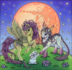 Size: 1000x968 | Tagged: safe, artist:swandog, angel bunny, fluttershy, oc, oc:lunacorn, classical unicorn, insect, moth, pegasus, pony, unicorn, g4, cloven hooves, female, full moon, horn, leonine tail, mare, mare in the moon, moon, night, non-mlp oc, unshorn fetlocks