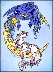 Size: 594x810 | Tagged: safe, artist:swandog, princess luna, oc, oc:lunacorn, alicorn, pony, unicorn, g4, crescent moon, duo, female, looking at each other, mare, moon, non-mlp oc, s1 luna, tangible heavenly object, traditional art