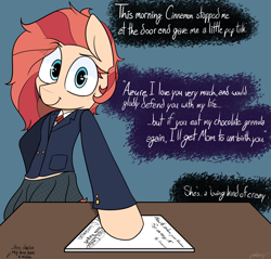 Size: 2588x2472 | Tagged: safe, artist:pinkberry, oc, oc only, oc:cinnamon autumn, earth pony, semi-anthro, arm hooves, clothes, female, freckles, high res, jacket, narration, necktie, school uniform, simple background, skirt, solo, text