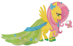 Size: 1115x700 | Tagged: safe, artist:sleepwalks, fluttershy, butterfly, pegasus, pony, g4, clothes, cute, dress, female, flower, flower in hair, gala dress, hairclip, mare, profile, shyabetes, simple background, spread wings, transparent background, wings