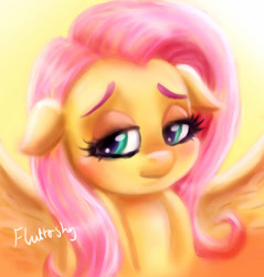 Size: 1024x1069 | Tagged: safe, artist:loveless-nights, fluttershy, pegasus, pony, g4, blushing, bust, cute, female, floppy ears, lidded eyes, mare, shyabetes, solo, spread wings, wings